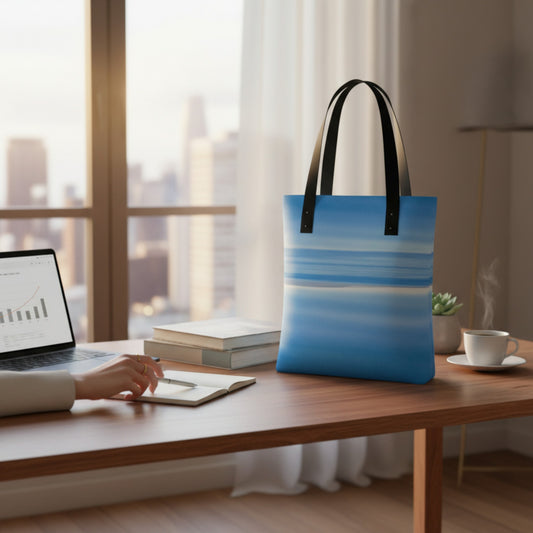 Blue tote bag on a desk with a ocean horizon view
