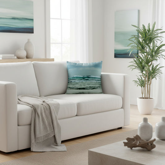 A square throw pillow featuring a blue and green ocean wave print, styled on a white sofa in a bright, modern living room.