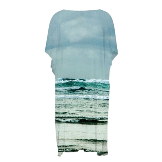 reverse side All over print short sleeve kimono wrap image is of the ocean waves at Long Beach in Tofino.