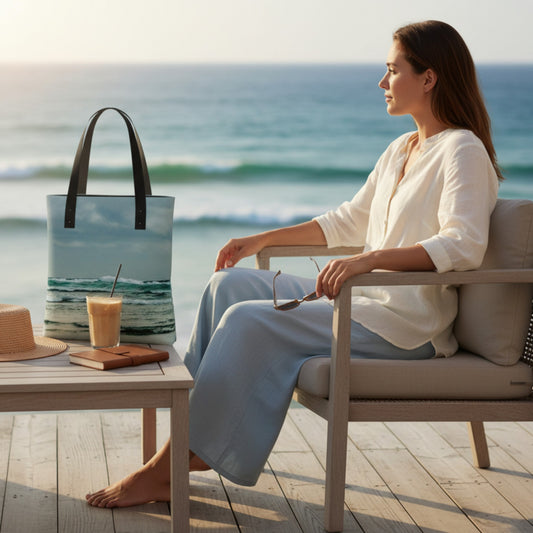 Woman sitting on a chair by the ocean with a tote bag featuring an ocean design.