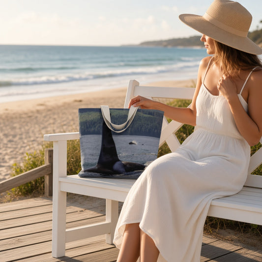 A woman in a white dress and straw hat sits on a white bench at the beach, holding a tote bag printed with a blue whale scene. The background shows the ocean and sandy shore.