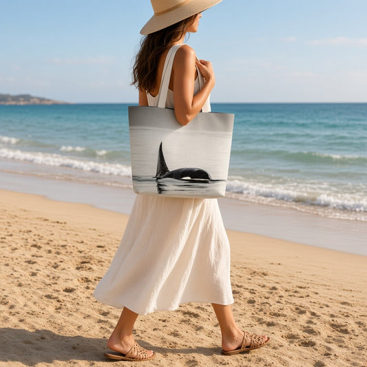A woman on a sandy beach walks toward the ocean while carrying a large tote bag. The tote has a black-and-white whale print on a light background.