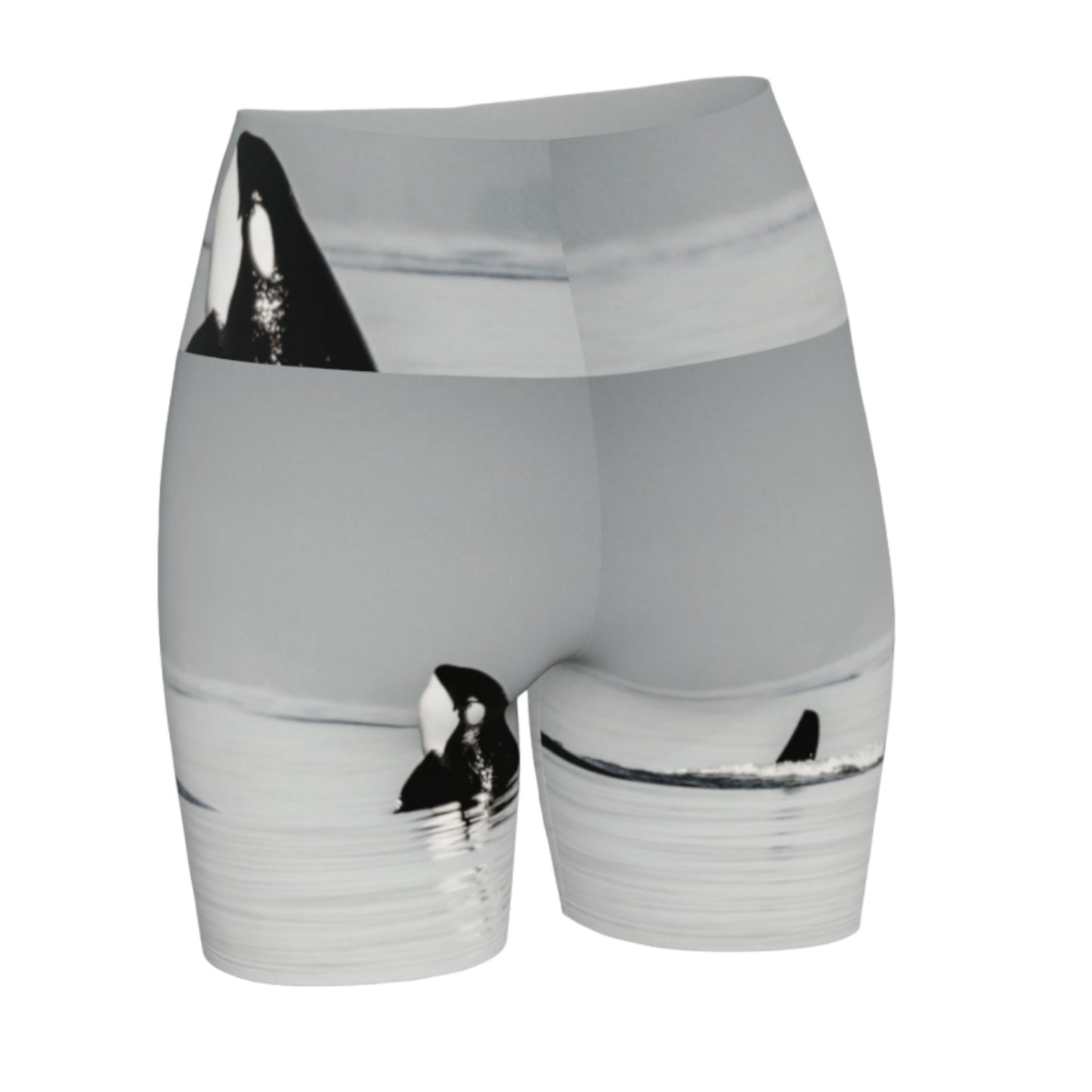 Orca Spy Hop Yoga Shorts is all over printed with a image of a orca in the spy hop position which is where they hover out of the water to look around.