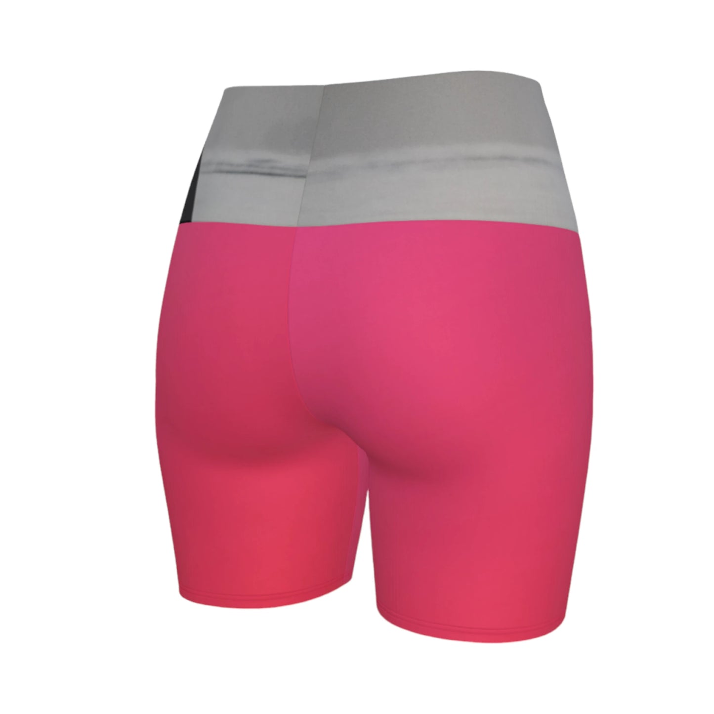 The image Orca spy hop is printed on the waistband of the yoga shorts. The rest of the shorts is pink.
