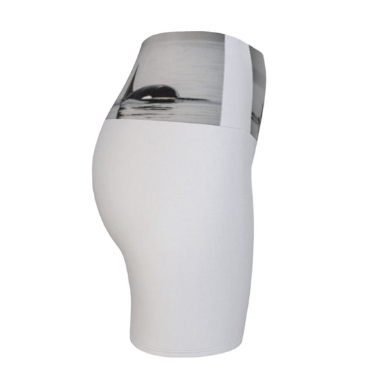 Orca Triptych Yoga Shorts! Made with three stunning orca images printed on the waistband of the yoga shorts. The rest of the shorts are white.