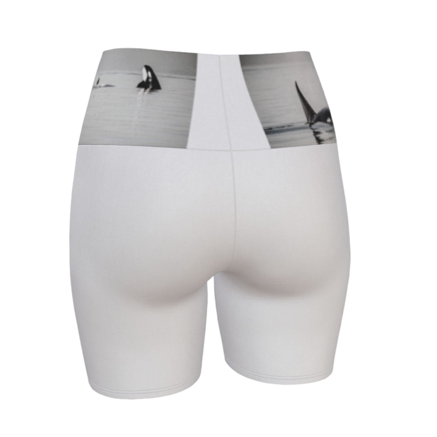Orca Triptych Yoga Shorts! Made with three stunning orca images printed on the waistband of the yoga shorts. The rest of the shorts are white.