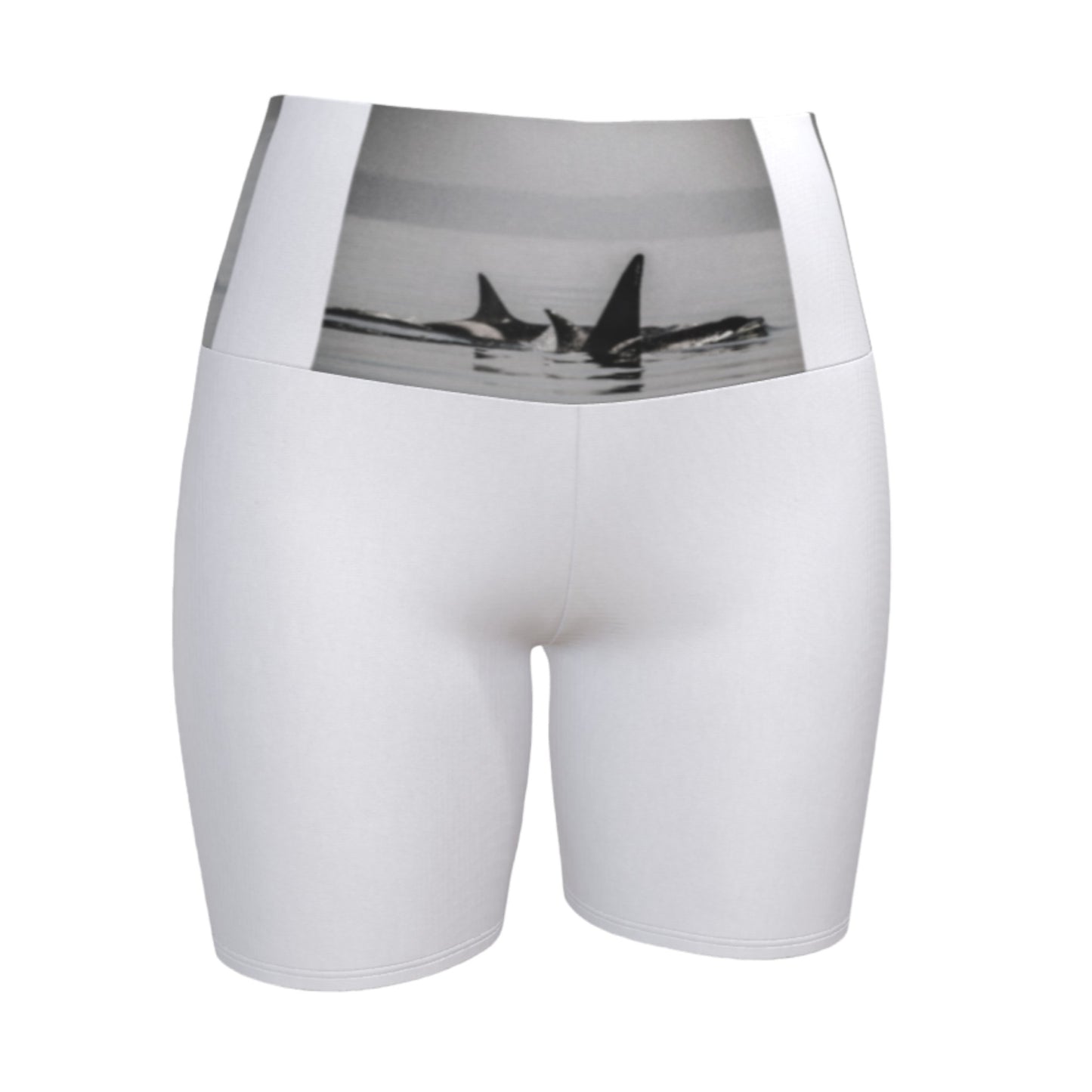 Orca Triptych Yoga Shorts! Made with three stunning orca images printed on the waistband of the yoga shorts. The rest of the shorts are white.