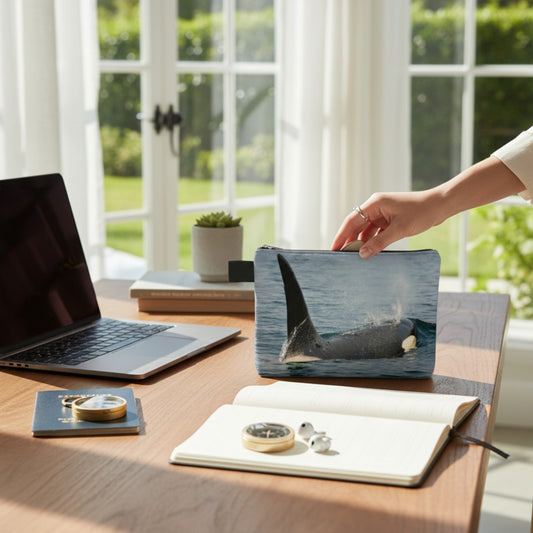 Person placing a whale-themed pouch on a desk with a laptop and notebook.