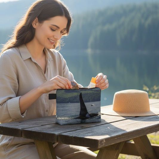 Woman at a picnic table with a scenic background