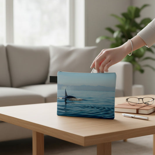 Person placing a laptop with a whale design on a table in a living room.