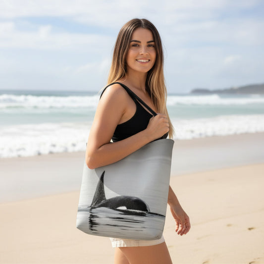 Woman holding a tote bag with an orca design on a beach