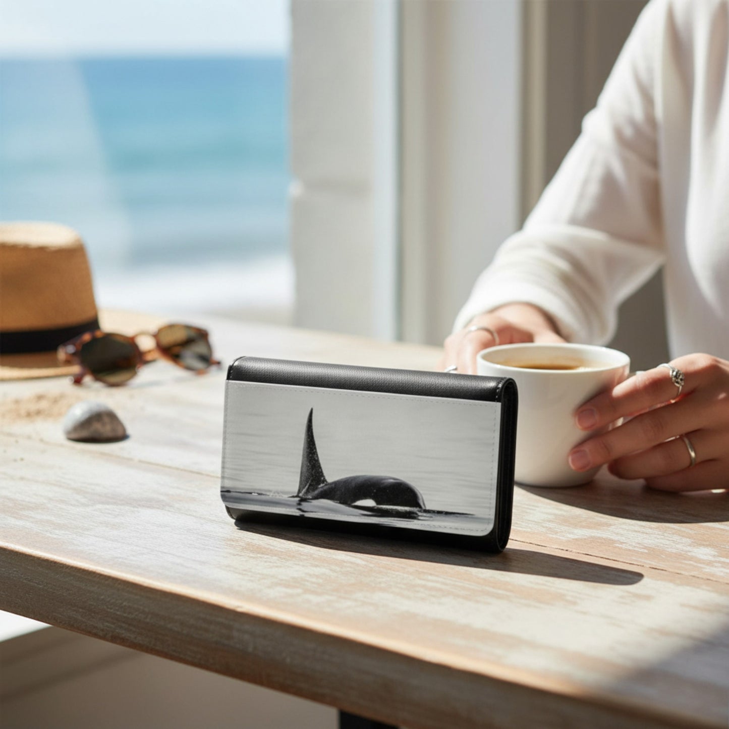 Person holding a cup of coffee next to a whale-themed electronic device on a wooden table with a scenic background.