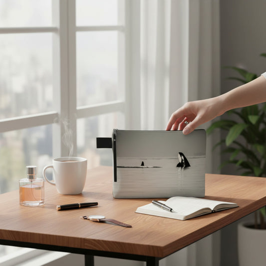 Person opening an adventure tote on a desk with a cup, notebook, and perfume bottle.
