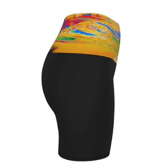 Otter Art Yoga Shorts feature a image of a sea otter printed on the waistband. The rest of the shorts are black.