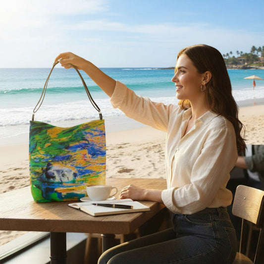 Otter Art Neoprene Day Tote: Playful Coastal Wildlife Print Bag