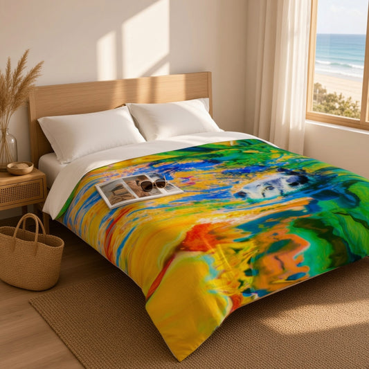 A bed dressed in a vivid abstract-print duvet cover, styled in a bright bedroom with a wooden headboard, white pillows, a bedside table, and a window overlooking the beach.