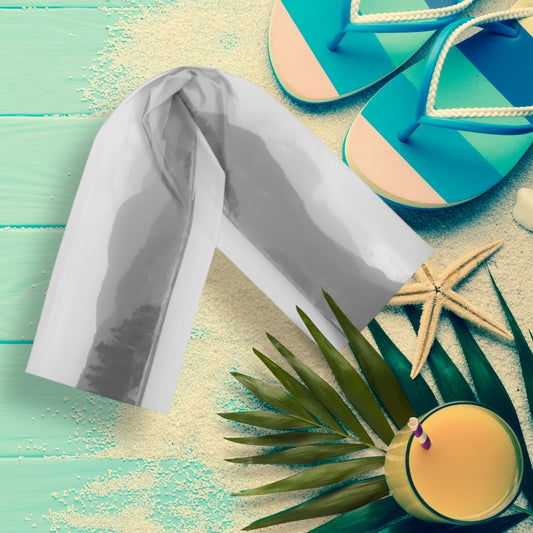 Pacific Mist image on the long scarf was photographed on Rebecca Spit on Quadra Island. It is shown here with a pair sandals, starfish and a cold drink