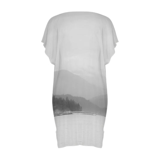 Back side of the All over print beach dress with a soft misty grey scenery of the view from Quadra Island.