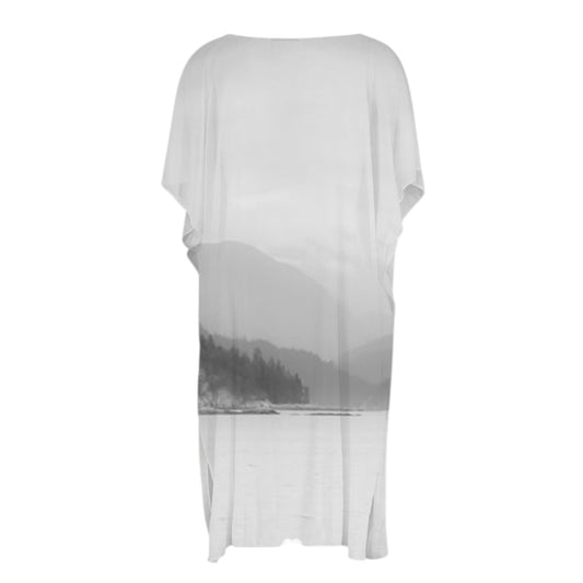 Reverse side All over print short sleeve kimono wrap featuring a misty view of the ocean scenery from Quadra Island.