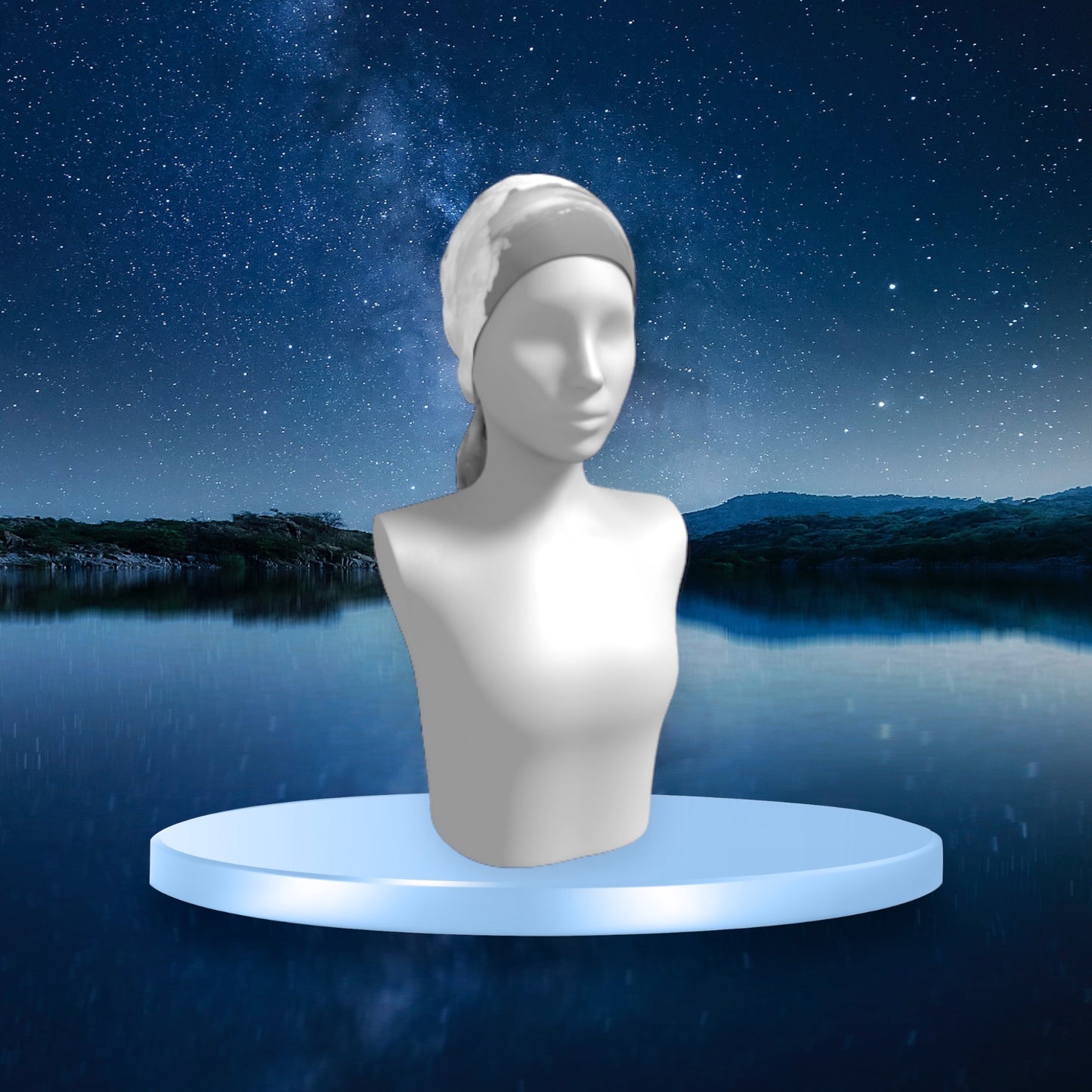 Parksville beach long scarf is shown worn as a head wrap with starry background.