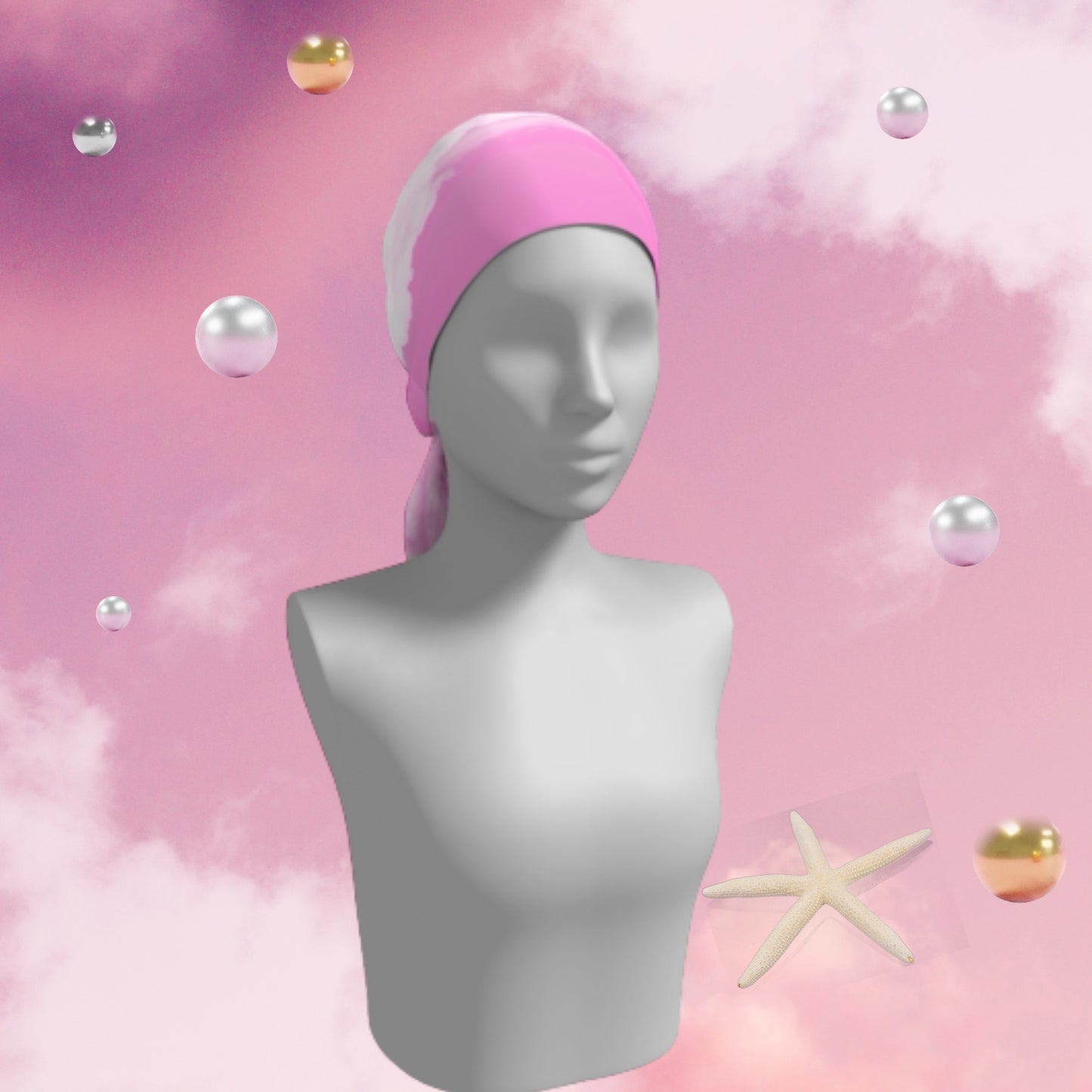 Parksville beach long scarf is shown worn as a head wrap.