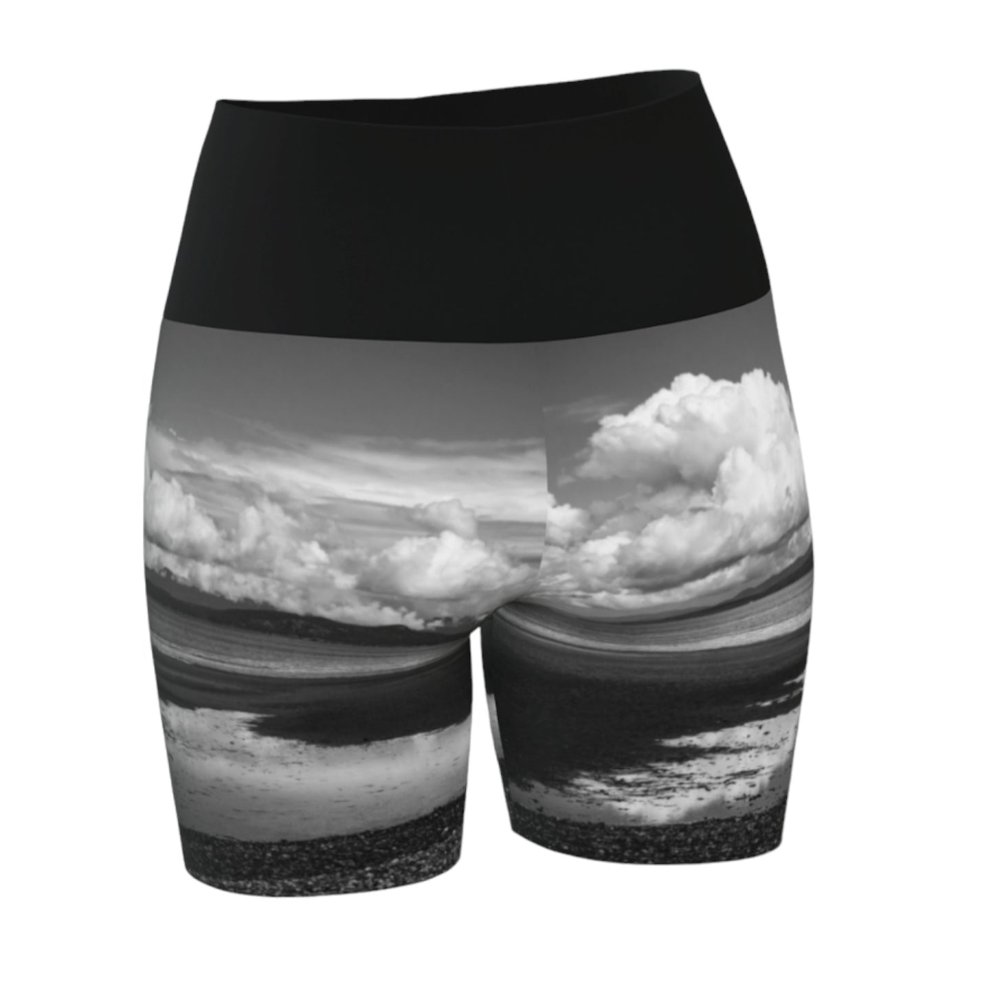 Parksville beach yoga shorts feature an all over print on the bottom of the yoga short of Parksville Beach at low tide. The waistband is black.
