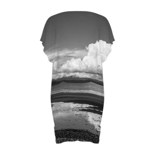 Back side of the All over print of Parksville Beach on a dress.