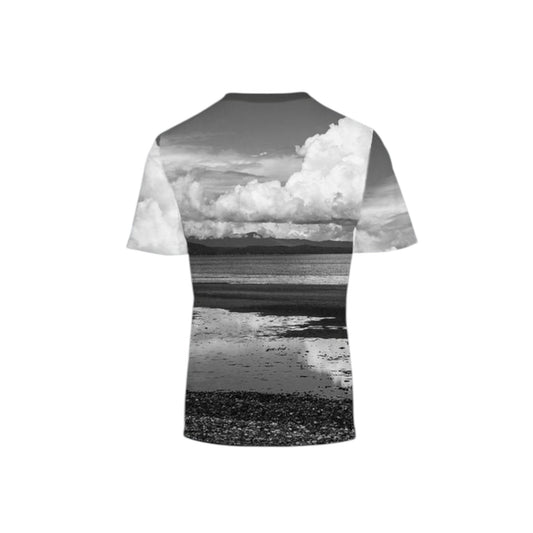 Back side of the all over print men's tshirt image is of a black and white of the beach at Parksville