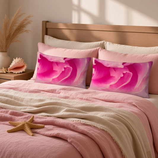 A styled bed with pink bedding, two matching pillows featuring a large pink rose print, a beige linen throw, a wooden headboard, and beach-themed decor including a starfish and seashell.