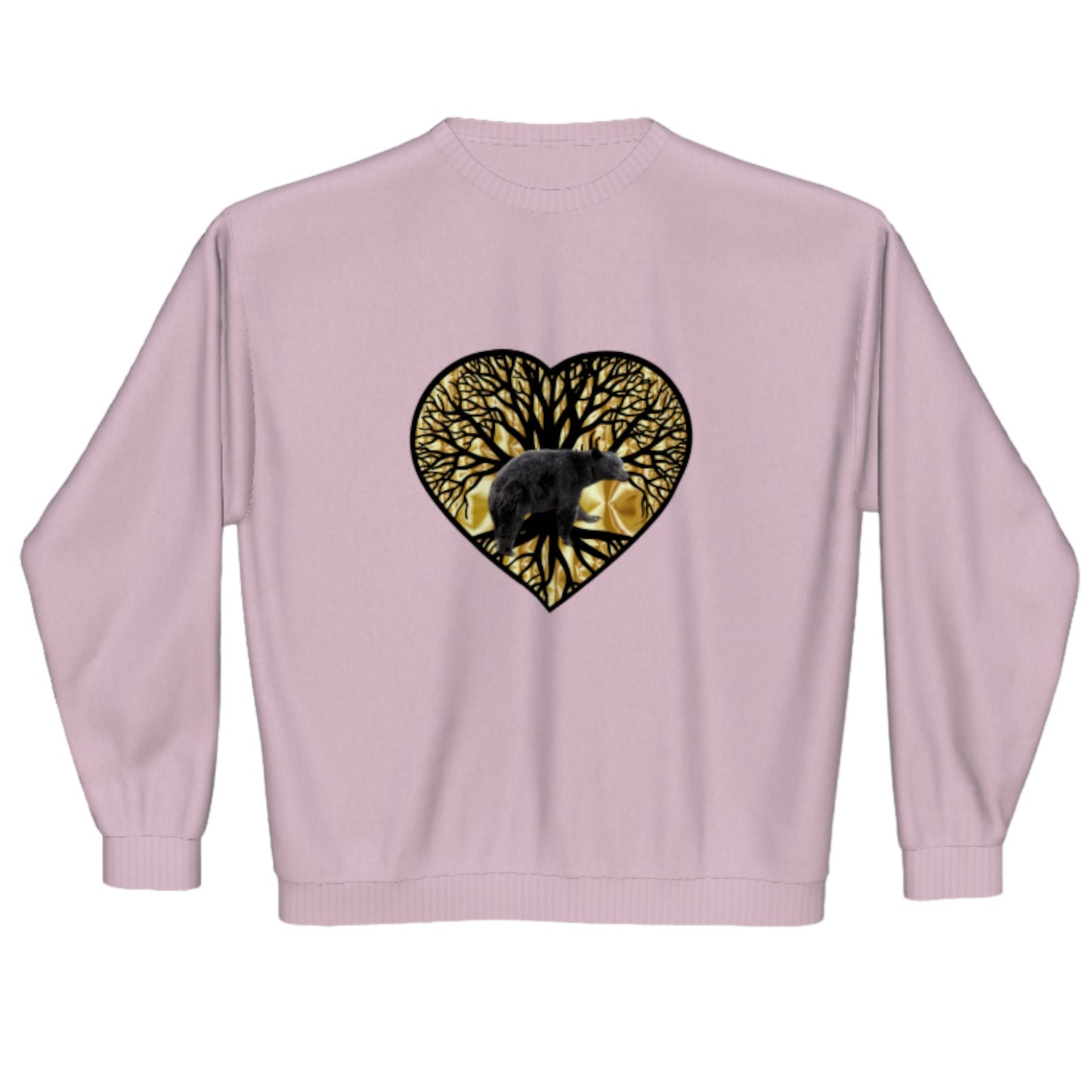 Bear Heart Premium Crewneck Sweatshirt. The image is of a heart with a tree of life and a bear with a gold background.
