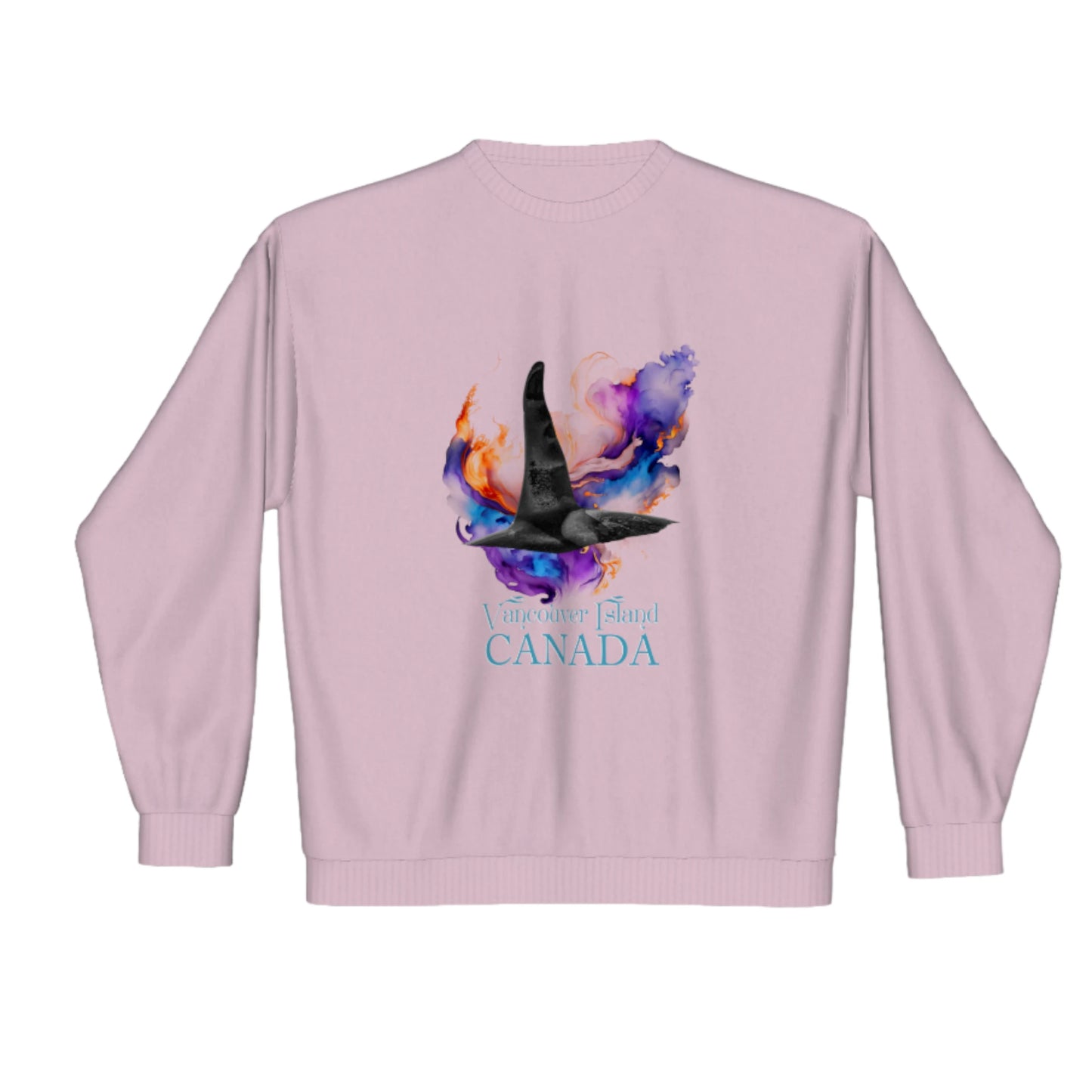 Orca Aura Vancouver Island Canada premium crewneck sweatshirt. The image is of a male orca dorsal fin with colourful abstract background.