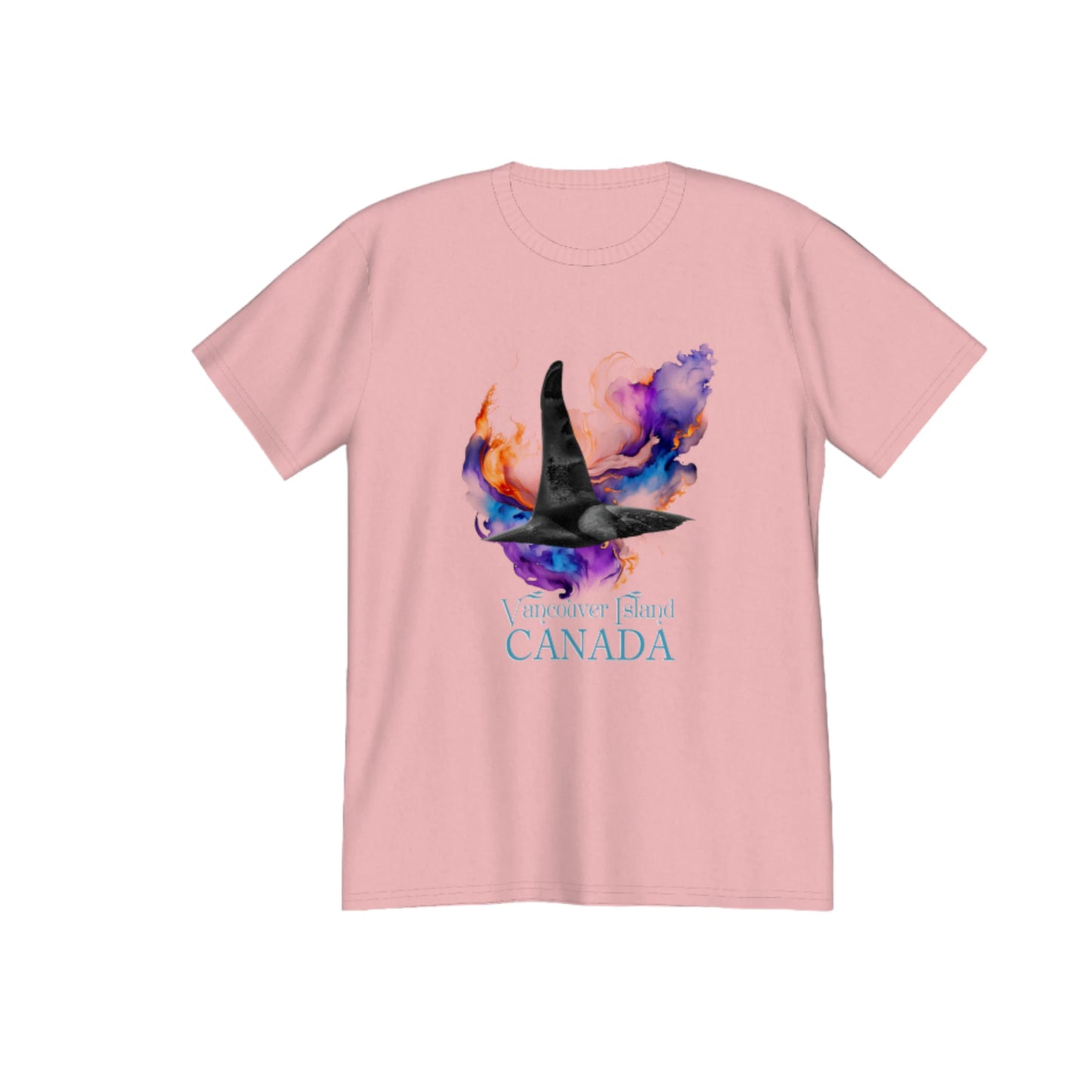 Orca Aura Vancouver Island Canada Premium Unisex t-shirt. The image on the front if of a male orca dorsal fin as it dives back into the water after taking a fresh breath of air. A abstract of colours envelops the orca. by van isle goddess dot com
