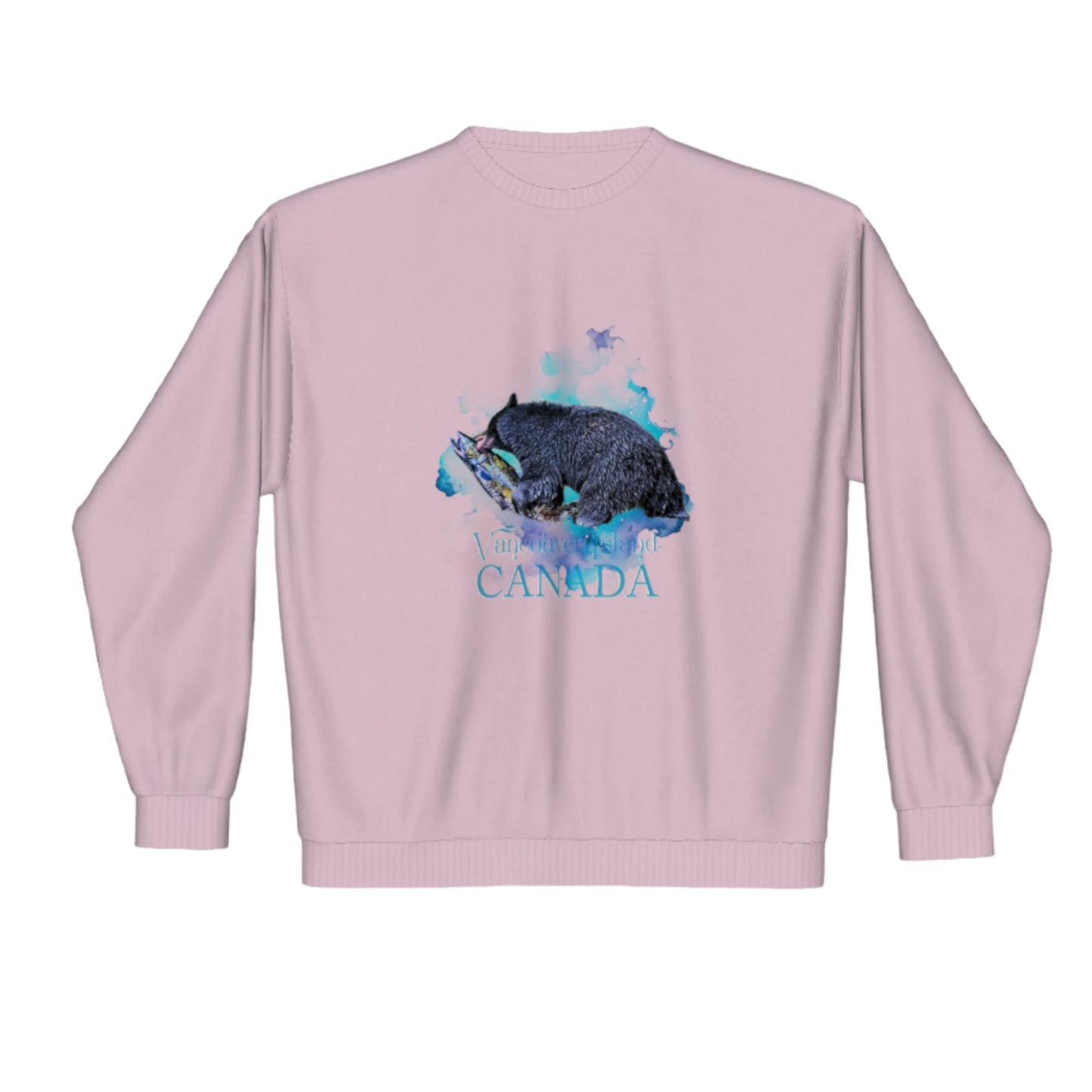 Salmon Bear VAncouver Island Canada Premium crewneck sweatshirt. The image is of a bear with a fresh caught salmon it is mouth.