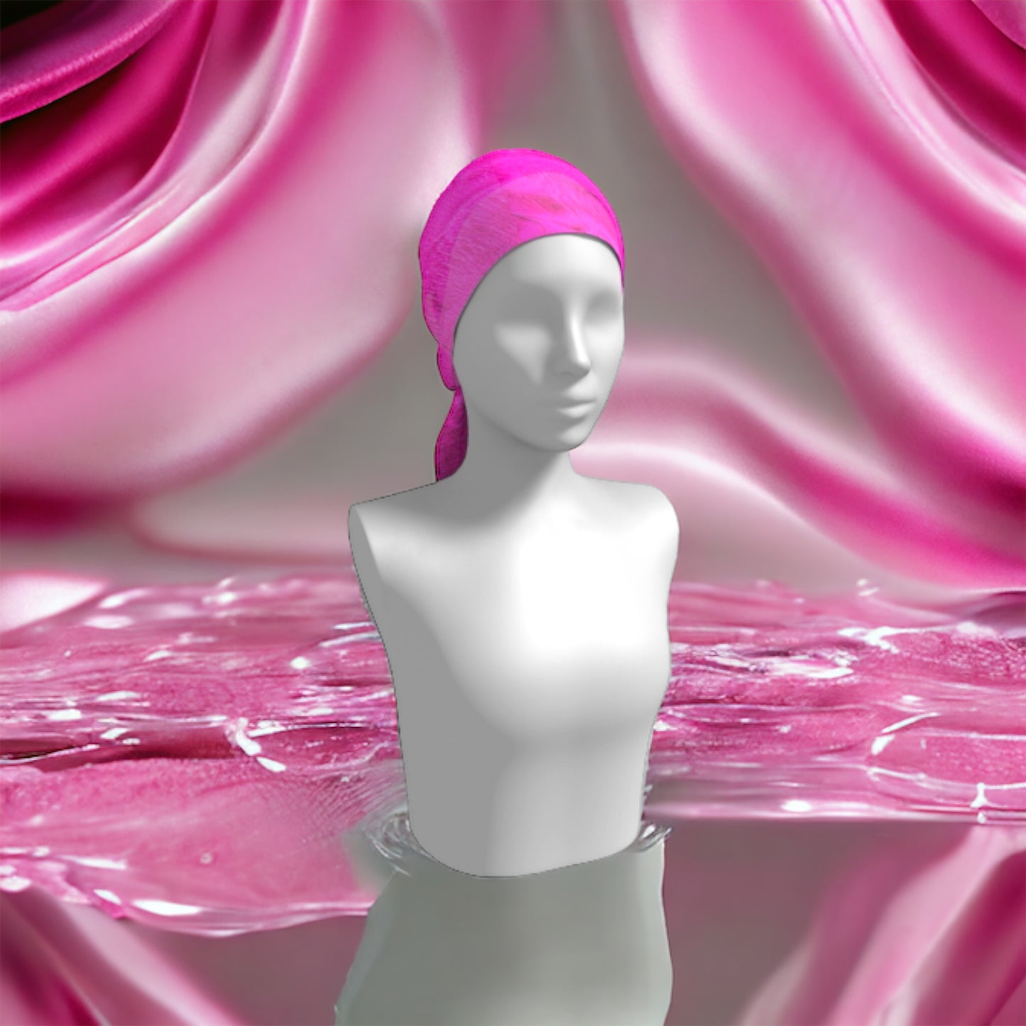 Pink Sand long scarf is shown worn as a head wrap.
