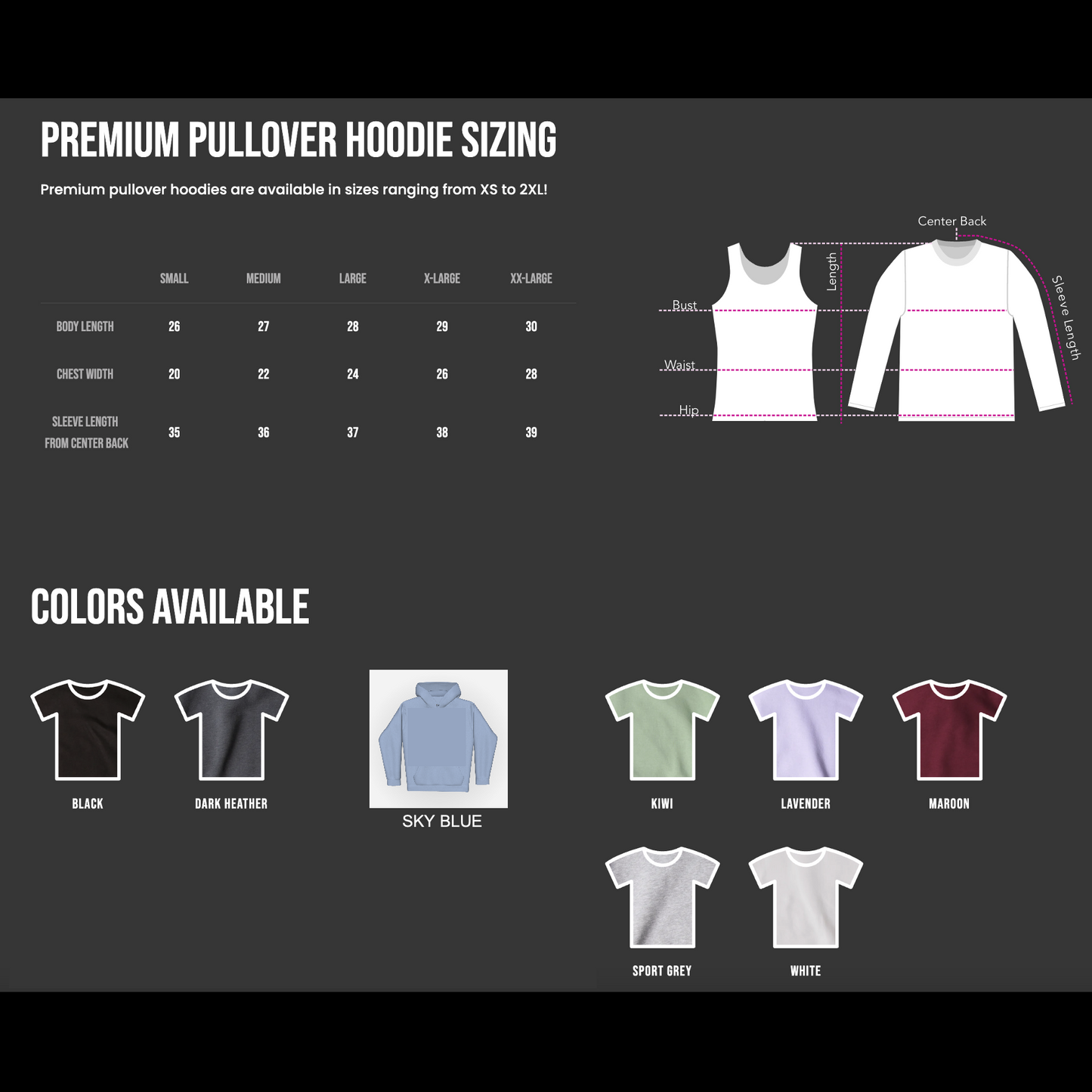 Premium Pullover Hoodie size chart
