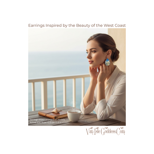 Woman wearing earrings inspired by the beauty of the West Coast, sitting on a balcony with a scenic view.