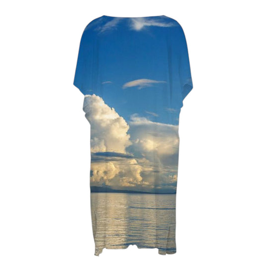 Reverse side all over print short sleeve kimono wrap featuring image of Qualicum Beach in the summer.