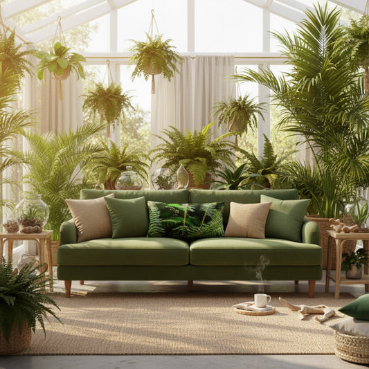 An olive green velvet loveseat sofa with matching green and beige throw pillows, styled in a bright, sunlit greenhouse filled with potted plants.