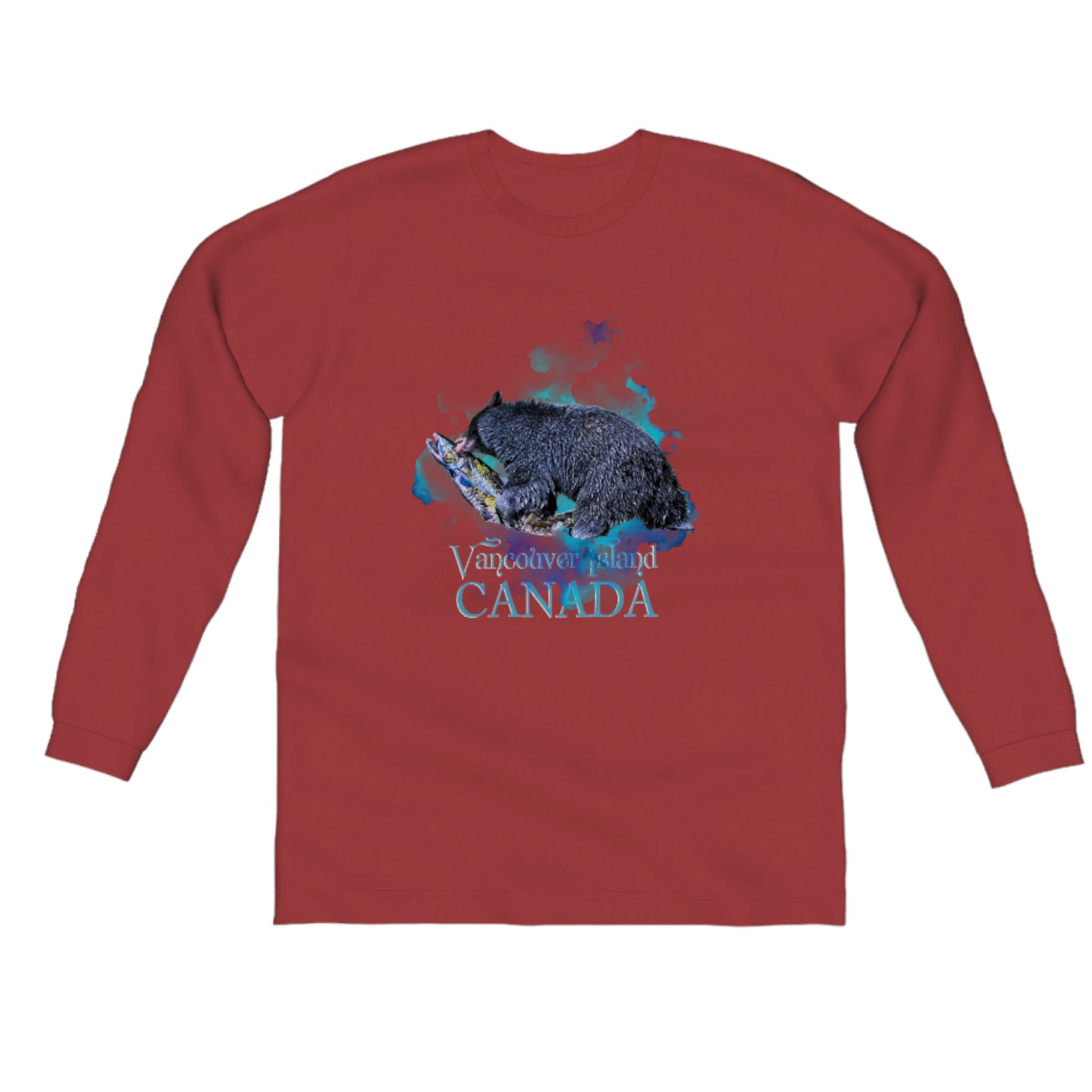 Salmon Bear Vancouver Island Canada Comfort Long Sleeve Unisex T-shirt. The image is of a bear with a fresh caught salmon in its mouth. The words on the shirt say Vancouver Island Canada. by van isle goddess dot com