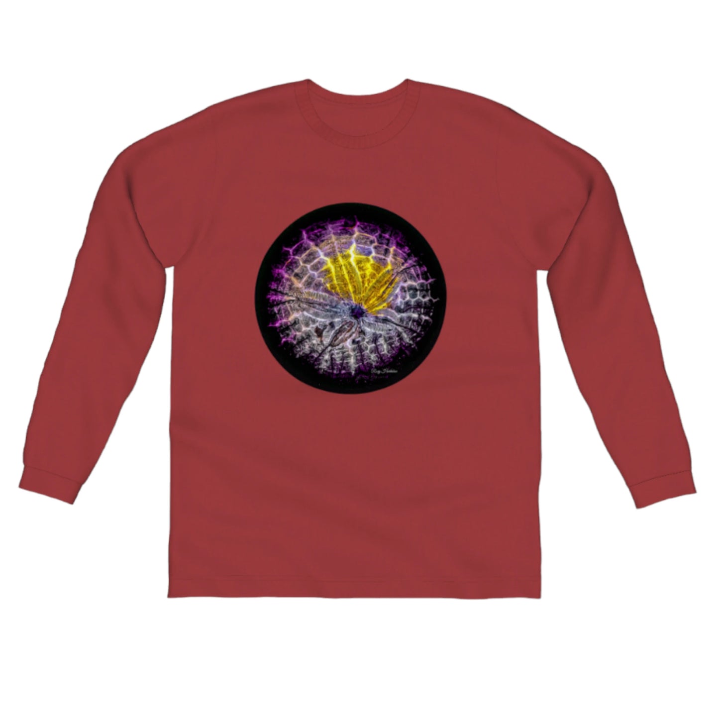Spotlight Sand Dollar Comfort Long Sleeve Unisex T-shirt. The image on the front is that of a sand dollar. by van isle goddess dot com