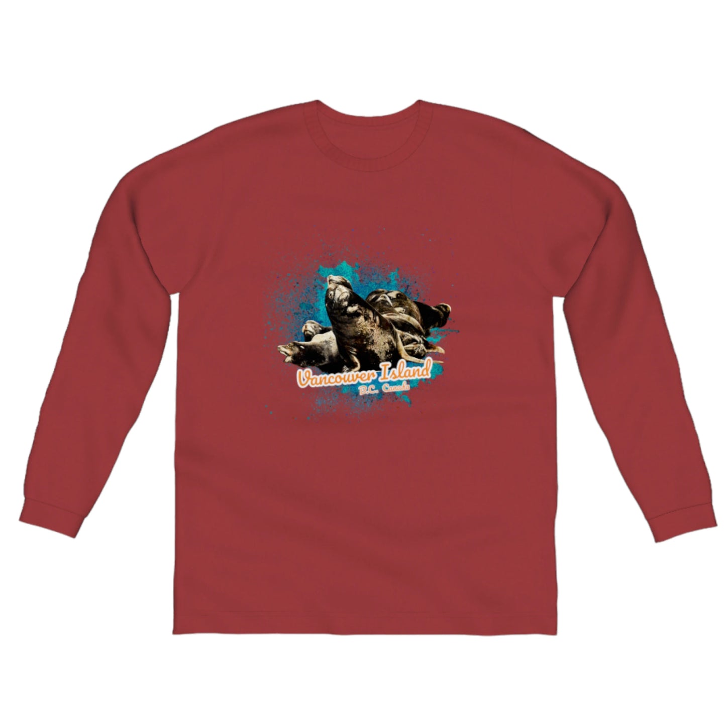 What's Up? Sea Lions Vancouver Island BC Canada Comfort Long Sleeve Unisex T-Shirt. The image on the front of the shirt is of a group of curious sea lions on a log raft. by van isle goddess dot com