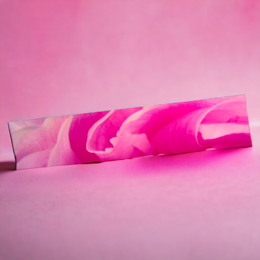 Rose petal kiss shown full length on a pink background.