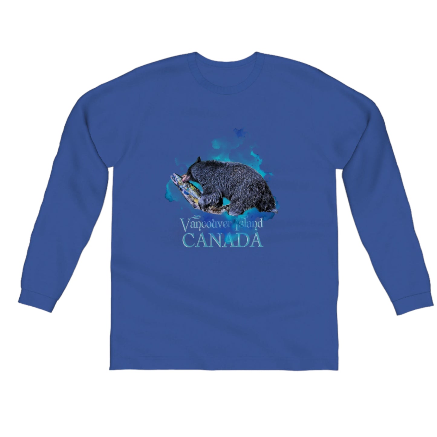 Salmon Bear Vancouver Island Canada Comfort Long Sleeve Unisex T-shirt. The image is of a bear with a fresh caught salmon in its mouth. The words on the shirt say Vancouver Island Canada. by van isle goddess dot com