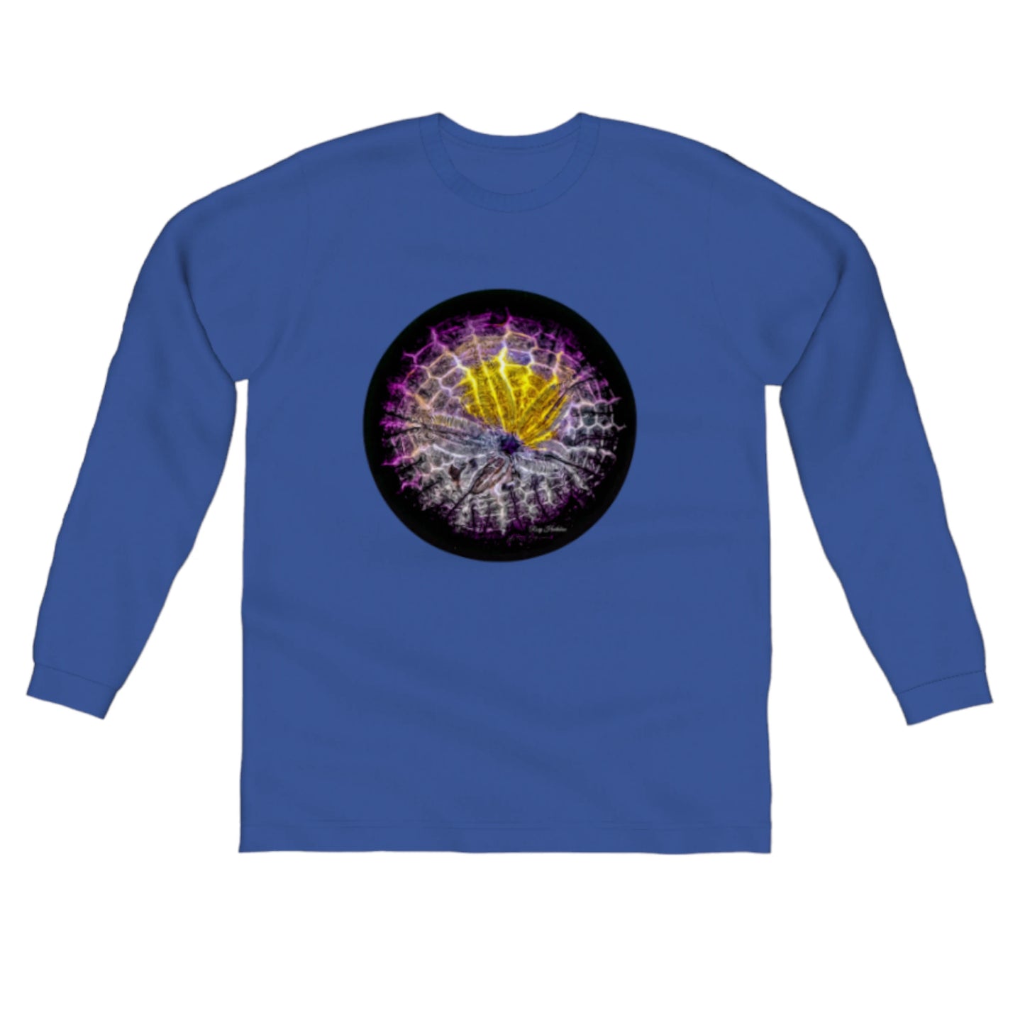 Spotlight Sand Dollar Comfort Long Sleeve Unisex T-shirt. The image on the front is that of a sand dollar. by van isle goddess dot com