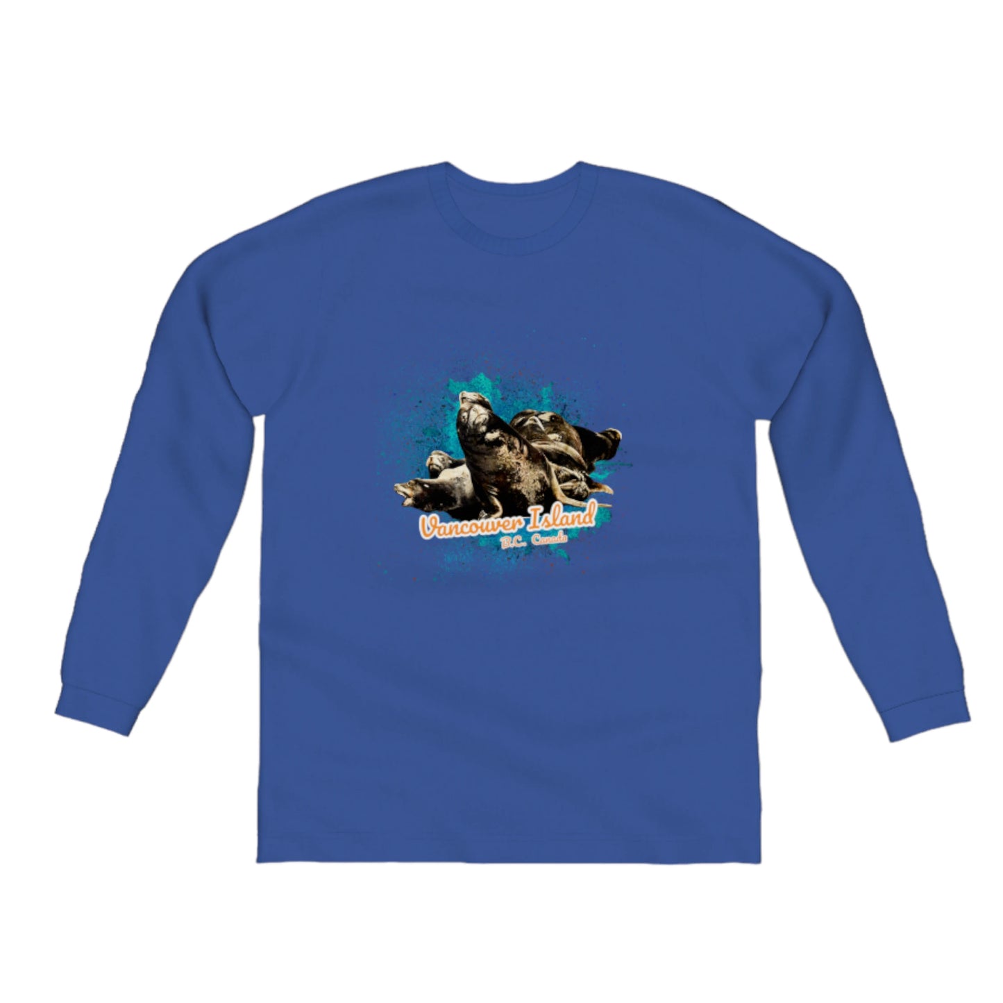 What's Up? Sea Lions Vancouver Island BC Canada Comfort Long Sleeve Unisex T-Shirt. The image on the front of the shirt is of a group of curious sea lions on a log raft. by van isle goddess dot com