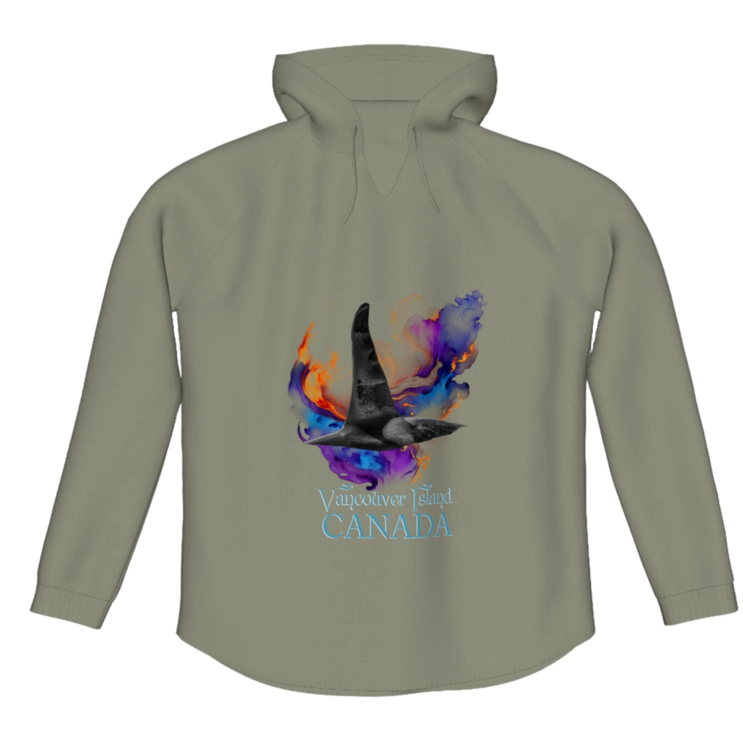 Orca Aura Vancouver Island Canada Flow Pullover Hoodie. The image is of a male orca dorsal fin on a colourful abstract background. the words read Vancouver Island Canada