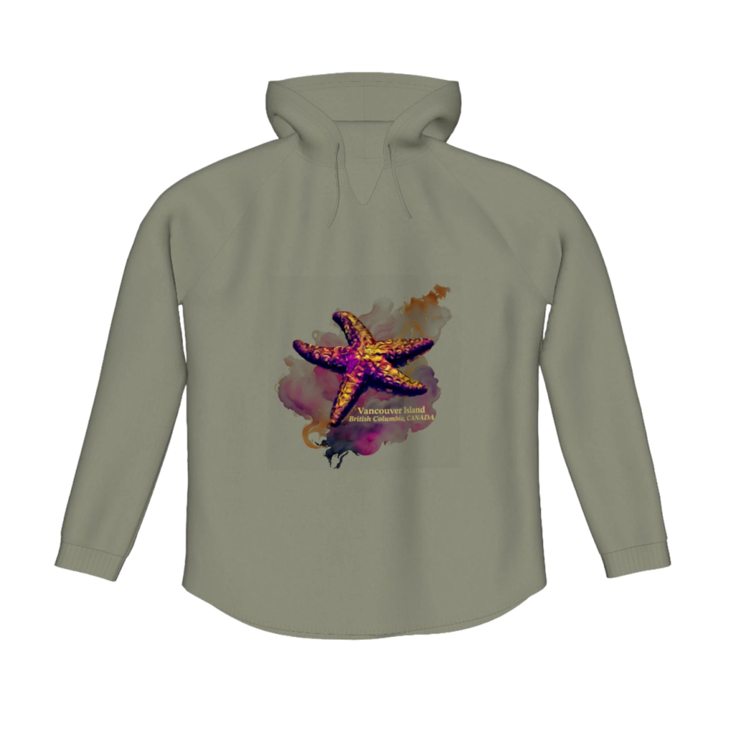 Star Track Vancouver Island BC Canada Flow Pullover Hoodie. The image is of a starfish with a colourful abstract background. The words read Vancouver Island, British Columbia, Canada.