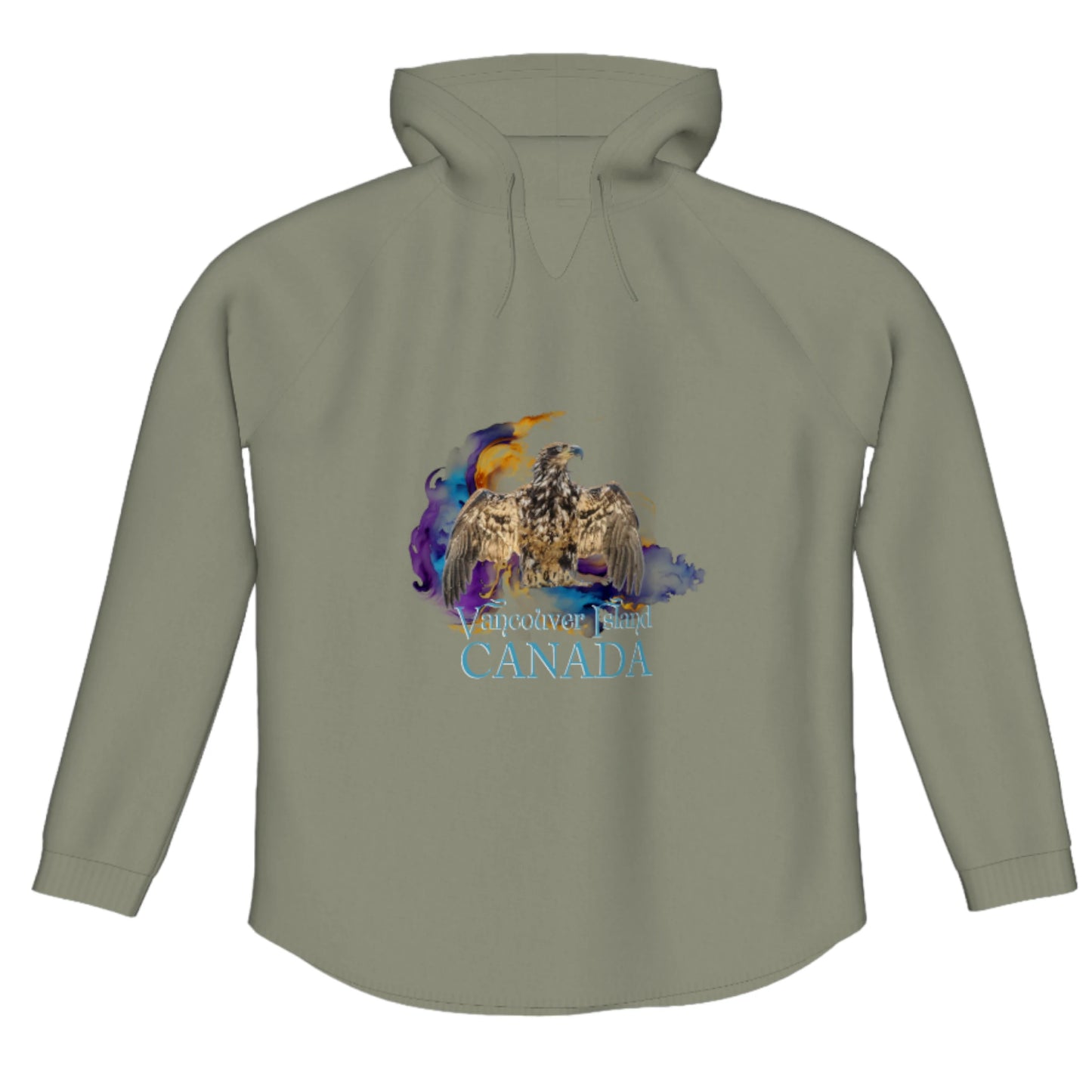 Thunderbird Vancouver Island Canada Flow Pullover Hoodie. The image is of a eagle in the thunderbird position with a colourful abstract background. The words read Vancouver Island Canada.