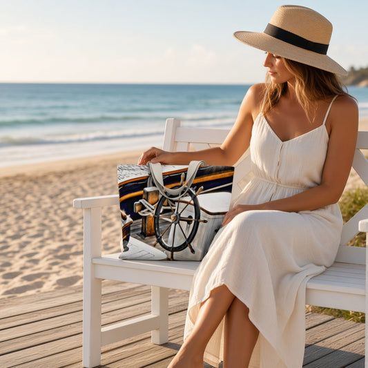 A woman in a white dress and straw hat sits on a white beach bench by the ocean, holding a nautical-themed tote bag with a ship wheel and bottle design.