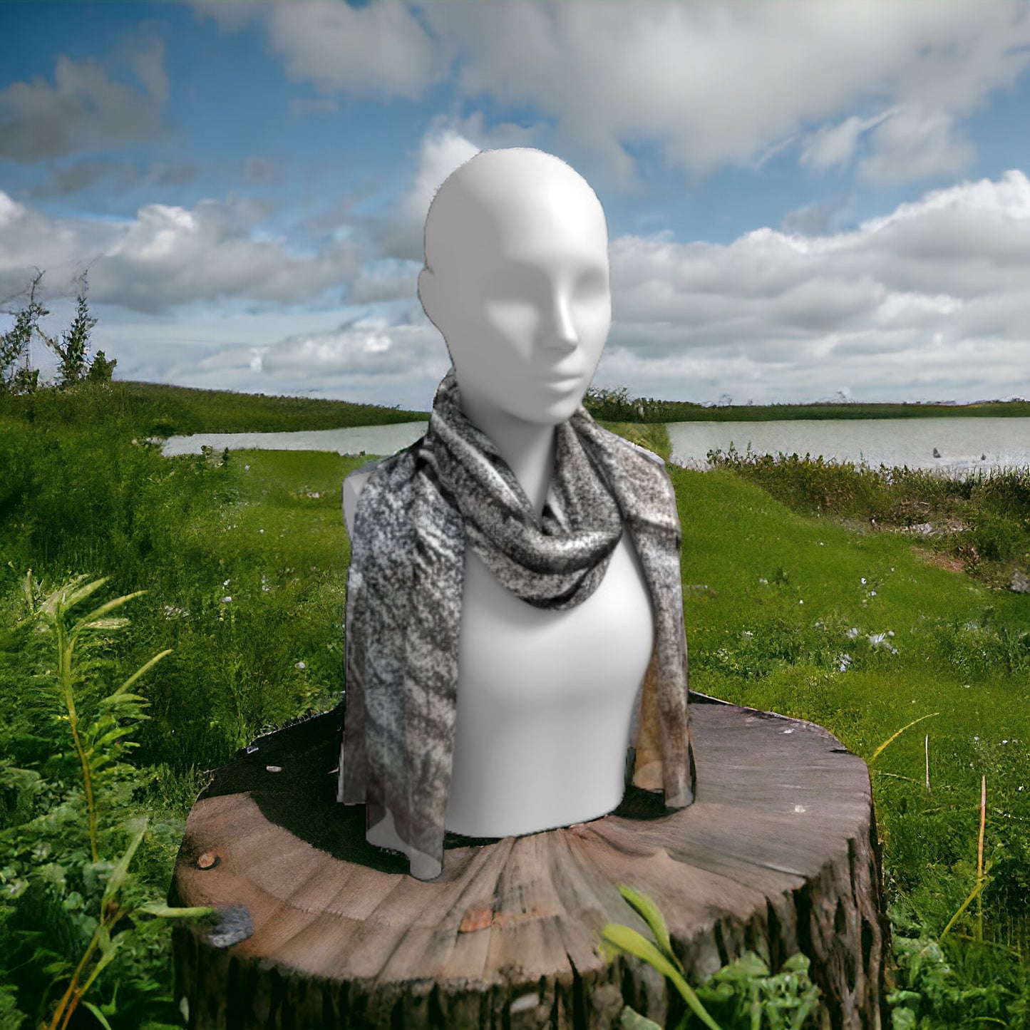 Sand maiden long scarf shown worn around the neck.
